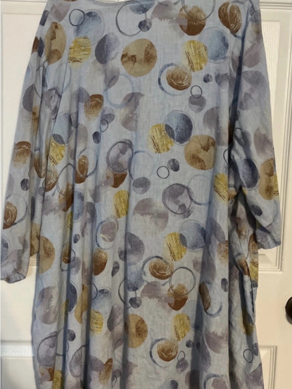 Women's Button-Front Linen Tunic dress/shirt in Light Blue with Mustard print - Picture 2 of 3